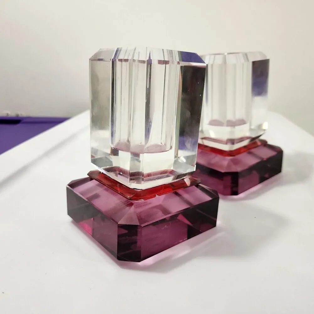 Anthropologie Crystal Cut Glass Vase Clear Pink 2Pc Set Stacked Footed Square